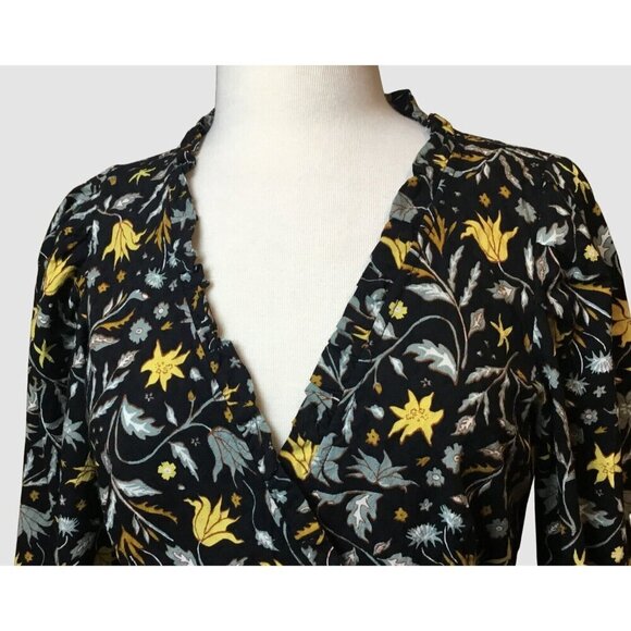 Universal Thread Ruffled V-Neck Navy Floral Long Sleeve Wrap Front Blouse SM - Picture 3 of 12